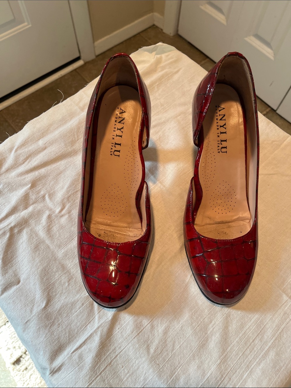 Anyi Lu Red Croc-Embossed Patent Pumps